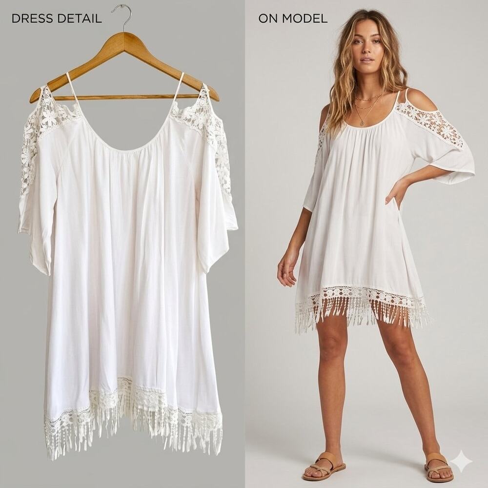 White Boho Lace Cold Shoulder Dress Fringe Tunic Size XXL Summer Festival